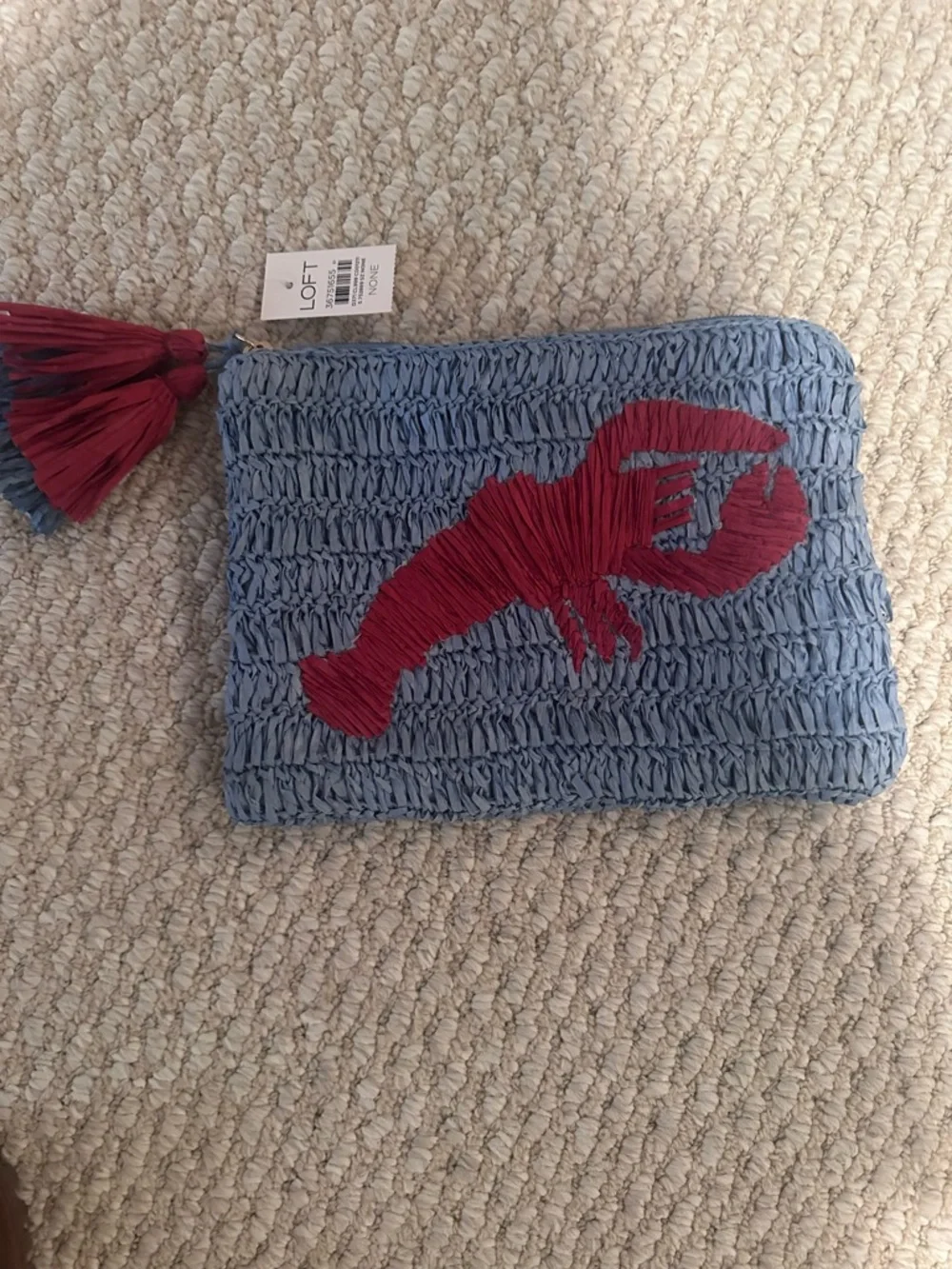 LOFT Blue Raffia Clutch with Pink Lobster Motif